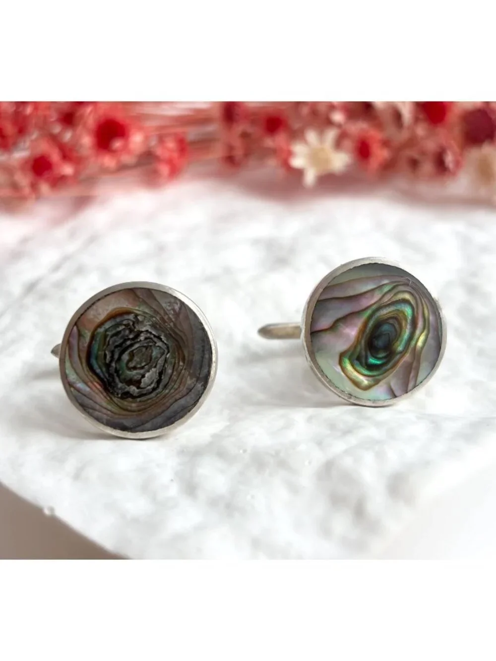 Abalone Inlaid Round Taxco, Mexico Made Sterling Silver 925 Men's Cufflinks